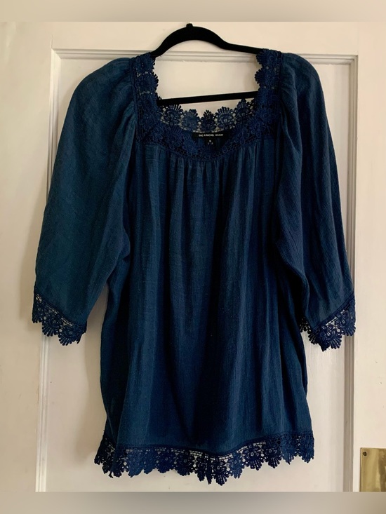 Zac & Rachel Tops - Zac & Rachel Semi Sheer Square Neck Crochet Blue Blouse Bell Sleeves Gypsy Drama